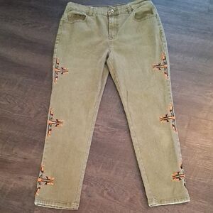 Diane Gilman Olive Jeans with Orange Embroidery